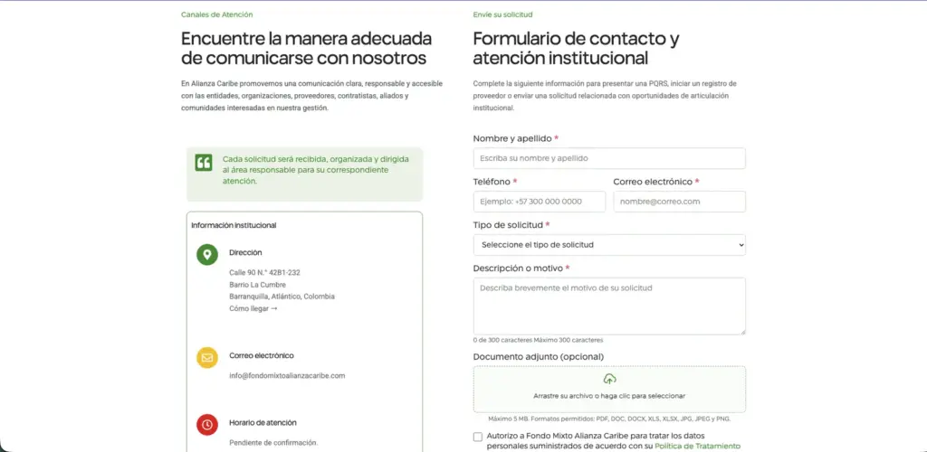 Formulario de contacto y atención institucional del Fondo Mixto Alianza Caribe