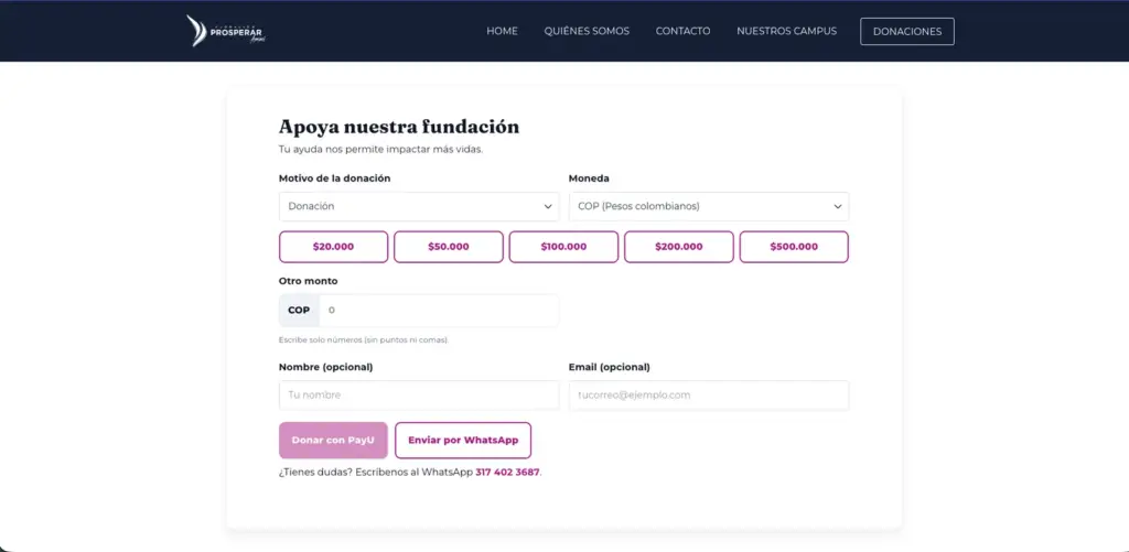 Formulario de donaciones online de Fundación Prosperar Ammi