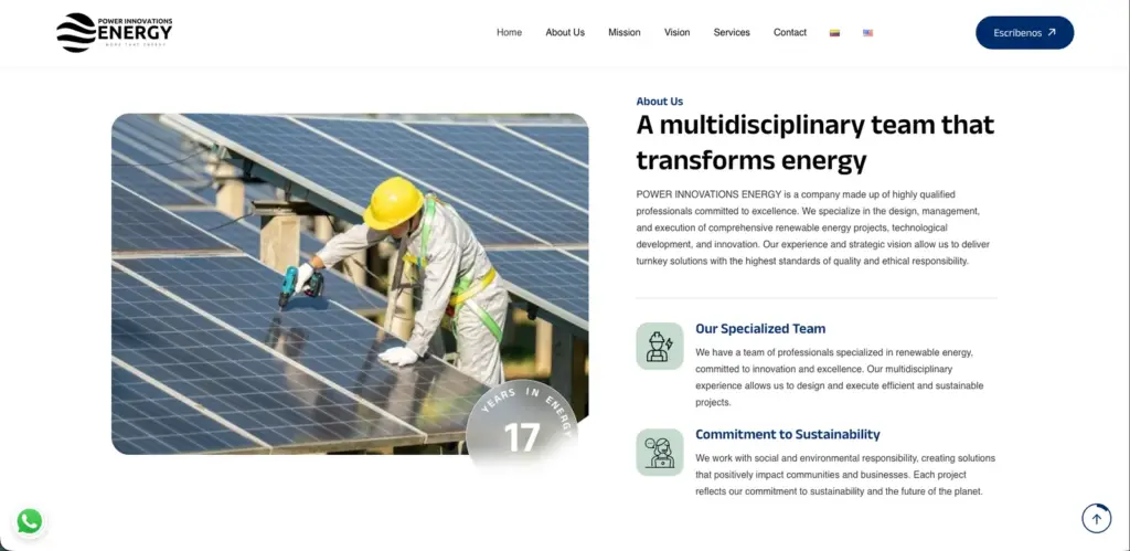Versión en inglés de la sección About Us de Power Innovations Energy