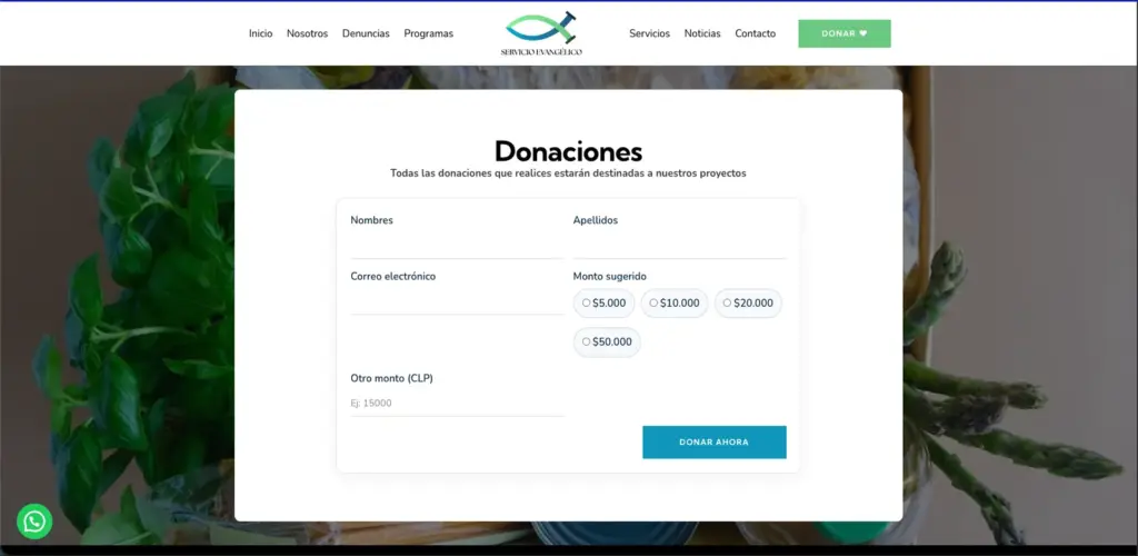 Formulario de donaciones online de Servicio Evangélico