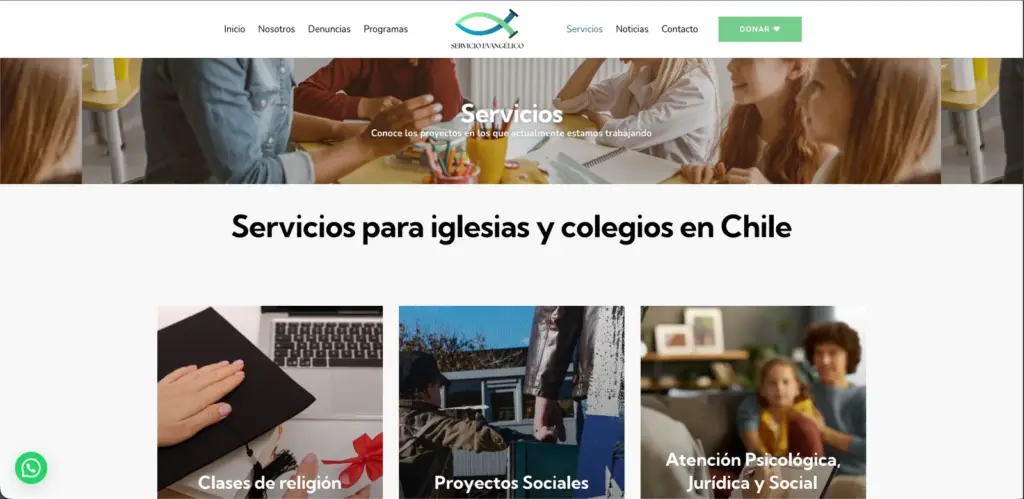 Página de servicios para iglesias y colegios de Servicio Evangélico