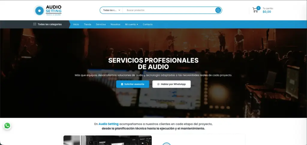 Página de servicios profesionales de audio de Tienda Audio Setting