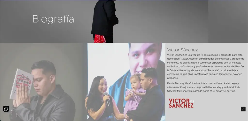 Sección de biografía del sitio web de Víctor Sánchez