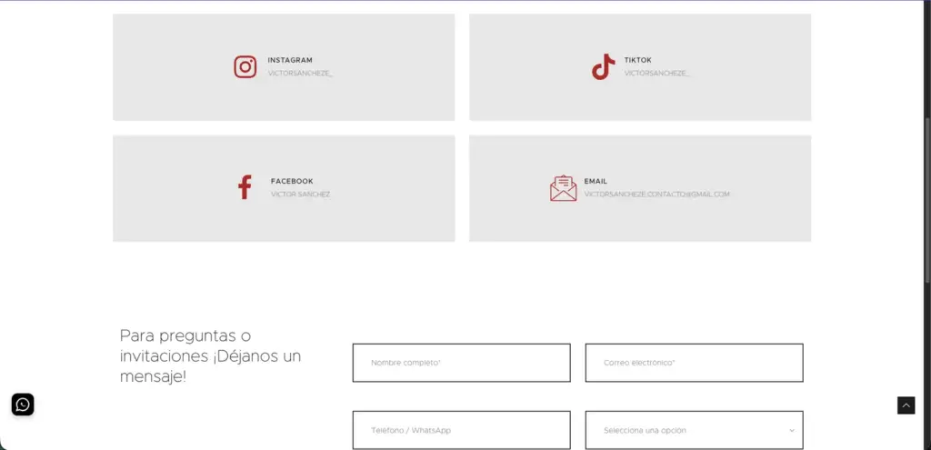 Formulario de contacto e invitaciones del sitio web de Víctor Sánchez