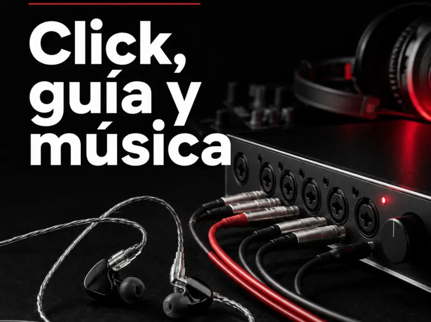 Audífonos in-ear y conexiones de una interfaz para monitoreo musical