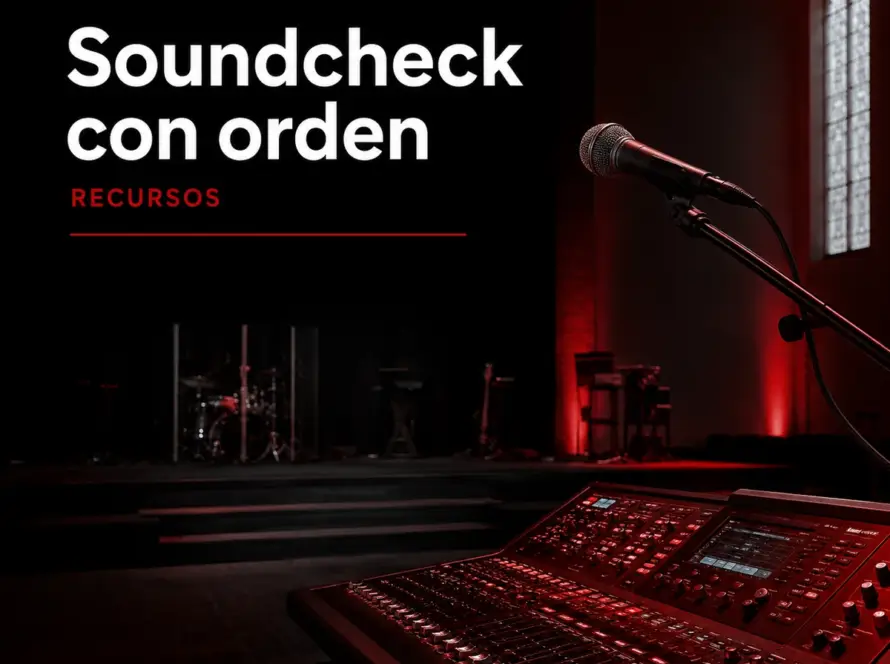 Micrófono y consola preparados para una prueba de sonido en una iglesia
