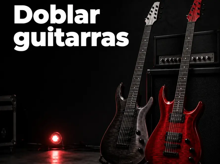 Dos guitarras eléctricas junto a un amplificador en un entorno de grabación