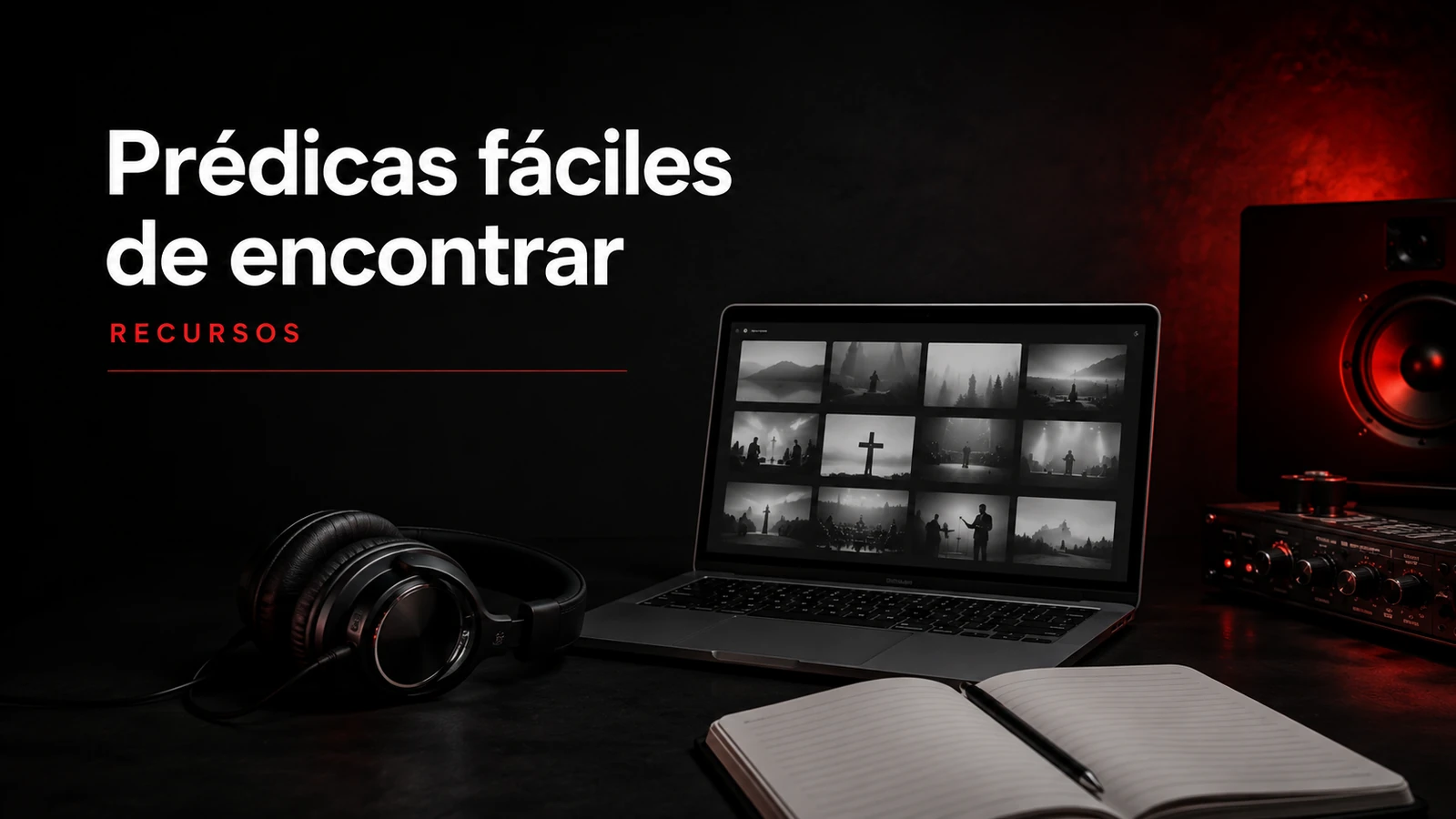 Portátil junto a audífonos y cuaderno para organizar un archivo de enseñanzas