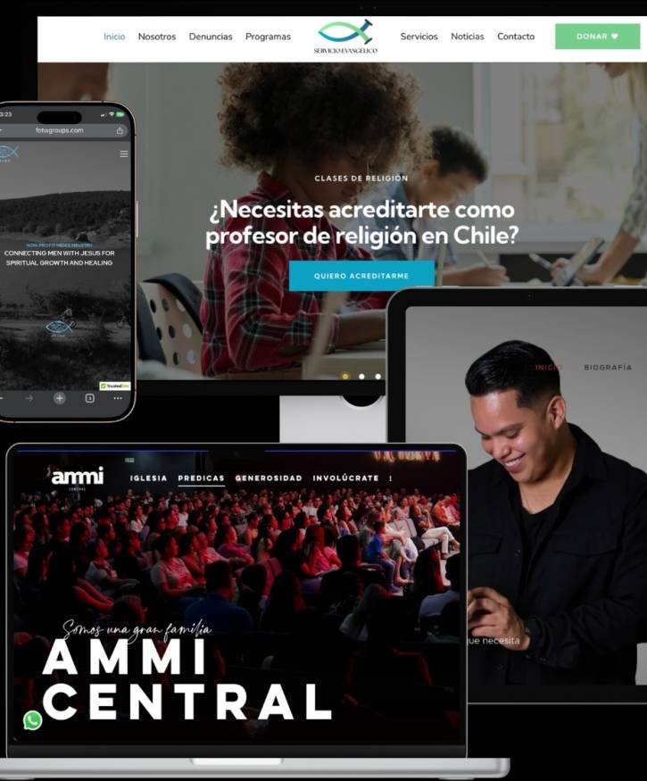 Proyectos de desarrollo web de Musicreativos mostrados en computador, tablet y dispositivos móviles