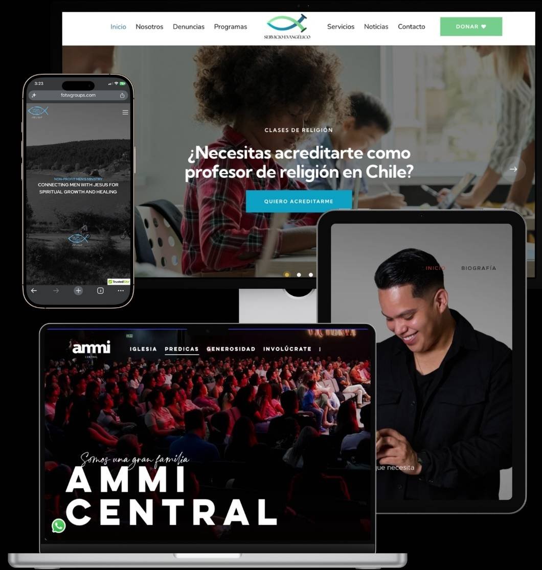 Proyectos de desarrollo web de Musicreativos mostrados en computador, tablet y dispositivos móviles