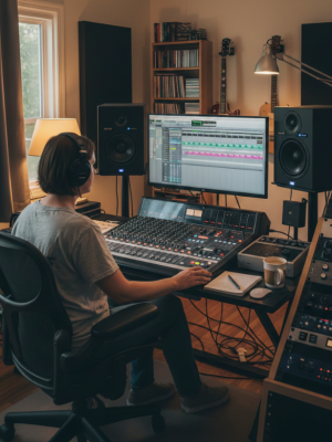 Persona trabajando en producción musical y edición de audio en un estudio con computadora y monitores