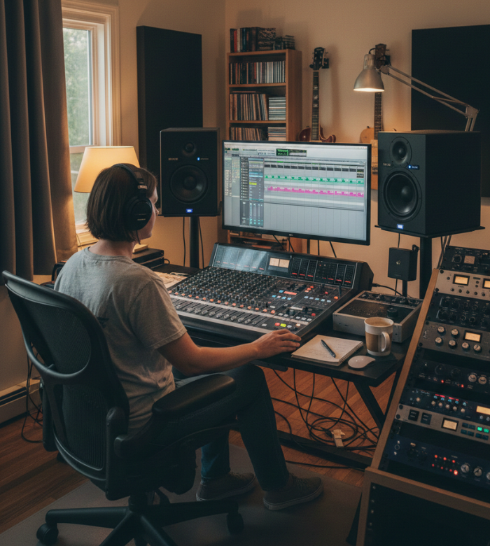 Persona trabajando en producción musical y edición de audio en un estudio con computadora y monitores